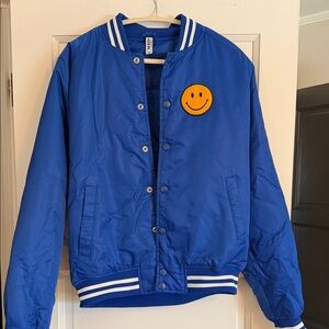 Blue Varsity Jacket with Smiley Patch